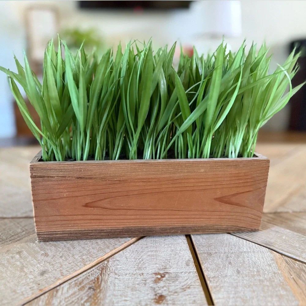 Faux Grass Plant Decor in Wooden Planter